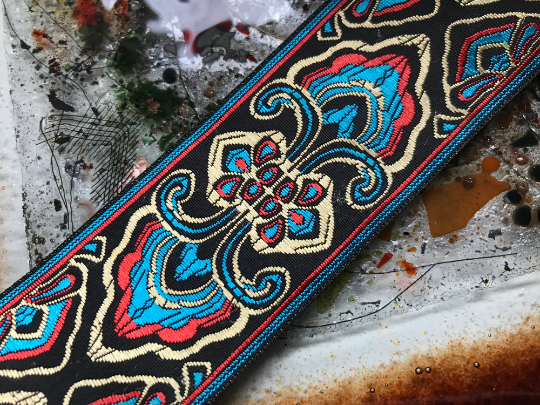 Turquoise Coral Gold on  Dark Brown  Background - Embroidered Jacquard Ribbon, 2 Sizes Available.