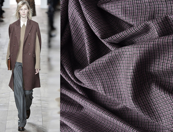 Double Faced w/Small Black and Purple Houndstooth Pattern on Grey Background - Fine Italian Wool - 157 cm Wide.