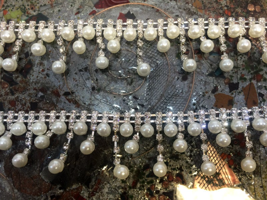 Crystal and Pearls Trim, 1 1/4"  Wide