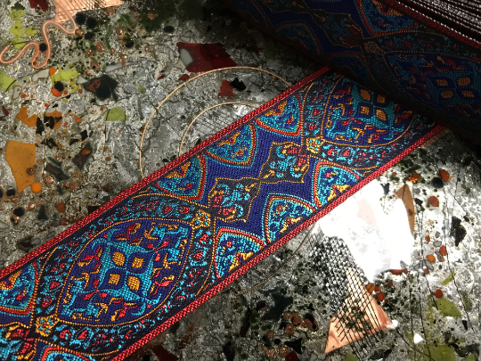 Coffee Turquoise Red on Black/Blue Background - Jacquard Ribbon - 2"  Wide.