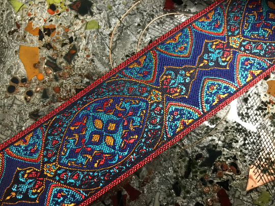 Coffee Turquoise Red on Black/Blue Background - Jacquard Ribbon - 2"  Wide.