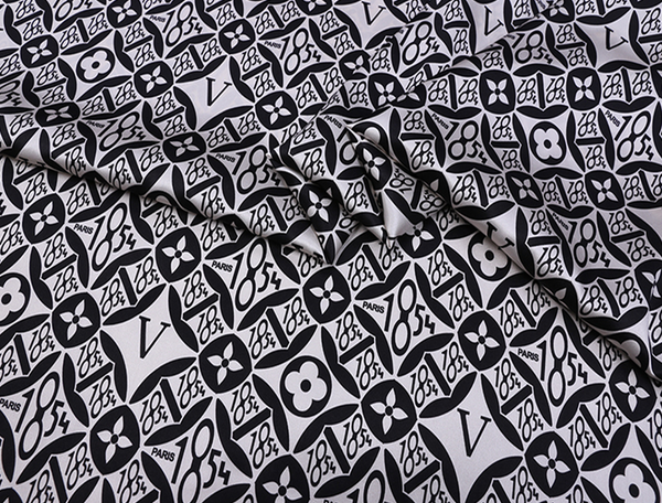 Black Print on White Background - Stretch Mulberry Silk Satin - 140 cm Wide.