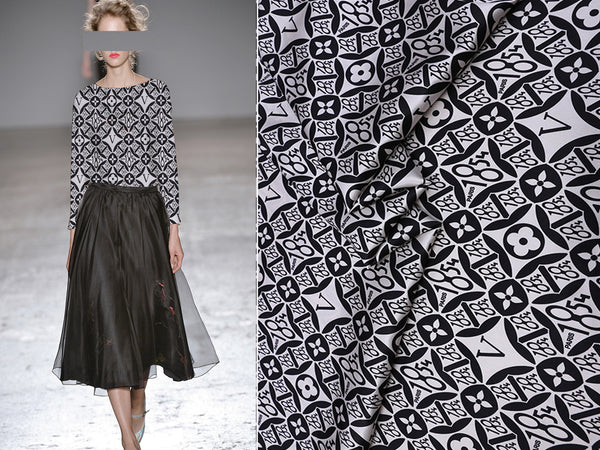 Black Print on White Background - Stretch Mulberry Silk Satin - 140 cm Wide.