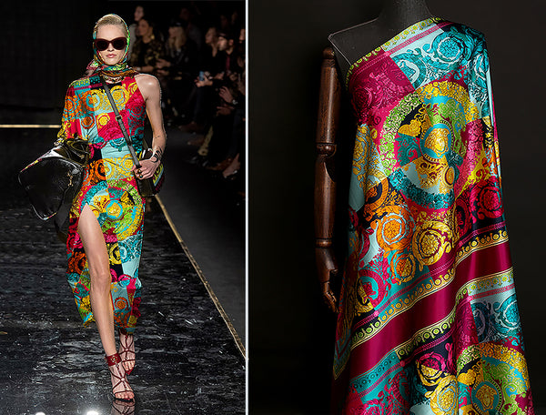 Multi Color Print- Italian Stretch Silk Satin - 138 cm With x 141 cm Length Sections.