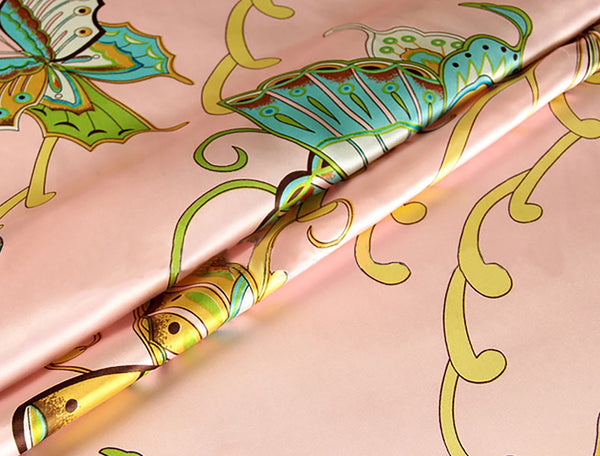 Multi Color Butterflies  Floral on Coral Powder Background - Italian Stretch Silk Satin - 20 MM - 109 cm Wide.