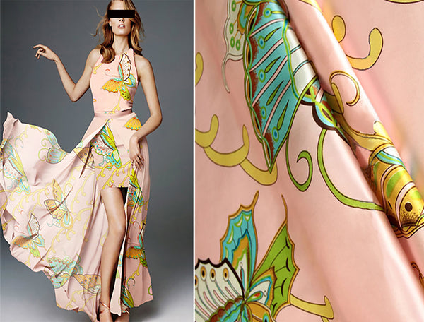 Multi Color Butterflies  Floral on Coral Powder Background - Italian Stretch Silk Satin - 20 MM - 109 cm Wide.