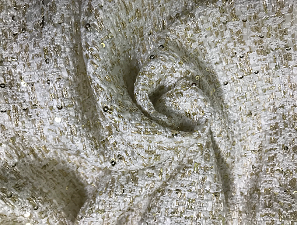 Off White/Gold Shimmering Threads and Small Sequins - French Tweed - 150 cm Wide.