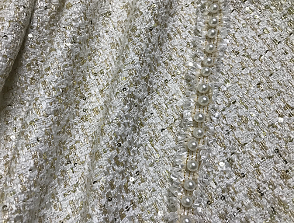 Off White/Gold Shimmering Threads and Small Sequins - French Tweed - 150 cm Wide.