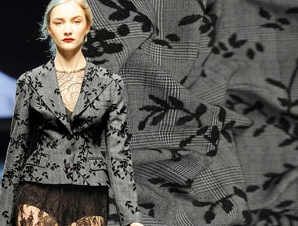 Black Floral on Grey Background - 3 Dimensional Italian Jacquard Fabric - 150 cm Wide