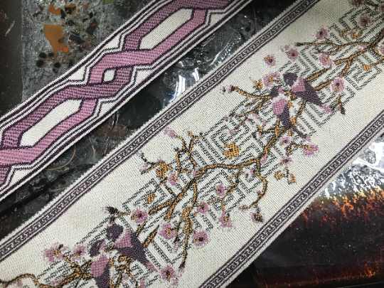 Mauve and Purple Floral/Geometric on Off White Background - Embroidered Jacquard Ribbon.